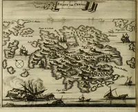 An illustration from Naukeurige beschryving der eilanden, in de archipel der Middelantsche zee, en ontrent dezelve, gelegen : waer onder de voornaemste Cyprus, Rhodus, Kandien, Samos, Scio, Negroponte, Lemnos, Paros, Delos, Patmos, en andere in groten getale, behelzende der zelver benamingen, gelegentheden, steden, kastelen, gedenkwaerdige aeloude en hedendaeghse geschiedenissen, bestieringen, veroveringen, gewassen, dieren, &c. : verrijkt met zee- en eilant-kaerten, en afbeeldingen van steden, dieren, gewassen &c. (1688)