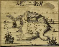 An illustration from Naukeurige beschryving der eilanden, in de archipel der Middelantsche zee, en ontrent dezelve, gelegen : waer onder de voornaemste Cyprus, Rhodus, Kandien, Samos, Scio, Negroponte, Lemnos, Paros, Delos, Patmos, en andere in groten getale, behelzende der zelver benamingen, gelegentheden, steden, kastelen, gedenkwaerdige aeloude en hedendaeghse geschiedenissen, bestieringen, veroveringen, gewassen, dieren, &c. : verrijkt met zee- en eilant-kaerten, en afbeeldingen van steden, dieren, gewassen &c. (1688)