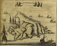 An illustration from Naukeurige beschryving der eilanden, in de archipel der Middelantsche zee, en ontrent dezelve, gelegen : waer onder de voornaemste Cyprus, Rhodus, Kandien, Samos, Scio, Negroponte, Lemnos, Paros, Delos, Patmos, en andere in groten getale, behelzende der zelver benamingen, gelegentheden, steden, kastelen, gedenkwaerdige aeloude en hedendaeghse geschiedenissen, bestieringen, veroveringen, gewassen, dieren, &c. : verrijkt met zee- en eilant-kaerten, en afbeeldingen van steden, dieren, gewassen &c. (1688)