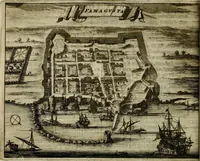 An illustration from Naukeurige beschryving der eilanden, in de archipel der Middelantsche zee, en ontrent dezelve, gelegen : waer onder de voornaemste Cyprus, Rhodus, Kandien, Samos, Scio, Negroponte, Lemnos, Paros, Delos, Patmos, en andere in groten getale, behelzende der zelver benamingen, gelegentheden, steden, kastelen, gedenkwaerdige aeloude en hedendaeghse geschiedenissen, bestieringen, veroveringen, gewassen, dieren, &c. : verrijkt met zee- en eilant-kaerten, en afbeeldingen van steden, dieren, gewassen &c. (1688)