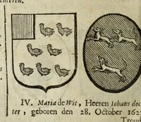 An illustration from Beschryvinge der stad Dordrecht : vervatende haar begin, opkomst, toeneming, en verdere stant ... Als mede een verzamelinge van eenige geslachtboomen, der adelijke, aal-oude, en aanzienlijke heeren-geslachten, van, en in, Dordrecht, enz. ... (1677)
