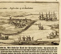 An illustration from Beschryvinge van Nieuvv-Nederlant, : (ghelijck het tegenwoordigh in staet is) begrijpende de nature, aert, gelegentheyt en vrucht-baerheyt van het selve lant; mitsgaders de proffijtelijcke ende gewenste toevallen, die aldaer tot onderhout der menschen, (soo uyt haer selven als van buyten ingegracht) gevonden worden. Als mede de maniere en onghemeyne eygenschappen vande wilden ofte naturellen vanden lande. Ende een bysonder verhael vanden wonderlijcken aert ende het weesen der bevers, daer noch by gevoeght is een discours over de gelegentheyt van Nieuw Nederlandt, tusschen een Nederlandts patriot, ende een Nieuw Nederlander. (1655)