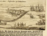 An illustration from Beschryvinge van Nieuvv-Nederlant, : (ghelijck het tegenwoordigh in staet is) begrijpende de nature, aert, gelegentheyt en vrucht-baerheyt van het selve lant; mitsgaders de proffijtelijcke ende gewenste toevallen, die aldaer tot onderhout der menschen, (soo uyt haer selven als van buyten ingebracht) gevonden worden. Als mede de maniere en onghemeyne eygenschappen vande wilden ofte naturellen vanden lande. Ende een bysonder verhael vanden wonderlijcken aert ende het weesen der bevers, daer noch by gevoeght is een discours over de gelegentheyt van Nieuw Nederlandt, tusschen een Nederlandts patriot, ende een Nieuw Nederlander. (1655)
