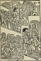 An illustration from Biblia pauperum, conteynynge thirty and eight wodecuttes illustrating the liif, parablis, and miraclis offe oure blessid Lord & Saviour Jhesus Crist, with the proper descrypciouns therof extracted fro the originall texte offe Iohn Wiclif.. (1885)