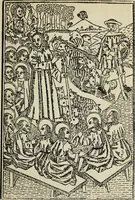 An illustration from Biblia pauperum, conteynynge thirty and eight wodecuttes illustrating the liif, parablis, and miraclis offe oure blessid Lord & Saviour Jhesus Crist, with the proper descrypciouns therof extracted fro the originall texte offe Iohn Wiclif.. (1885)