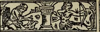 An illustration from Biblia pauperum, conteynynge thirty and eight wodecuttes illustrating the liif, parablis, and miraclis offe oure blessid Lord & Saviour Jhesus Crist, with the proper descrypciouns therof extracted fro the originall texte offe Iohn Wiclif.. (1885)