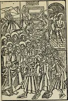 An illustration from Biblia pauperum, conteynynge thirty and eight wodecuttes illustrating the liif, parablis, and miraclis offe oure blessid Lord & Saviour Jhesus Crist, with the proper descrypciouns therof extracted fro the originall texte offe Iohn Wiclif.. (1885)