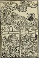 An illustration from Biblia pauperum, conteynynge thirty and eight wodecuttes illustrating the liif, parablis, and miraclis offe oure blessid Lord & Saviour Jhesus Crist, with the proper descrypciouns therof extracted fro the originall texte offe Iohn Wiclif.. (1885)