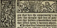An illustration from Biblia pauperum, conteynynge thirty and eight wodecuttes illustrating the liif, parablis, and miraclis offe oure blessid Lord & Saviour Jhesus Crist, with the proper descrypciouns therof extracted fro the originall texte offe Iohn Wiclif.. (1885)