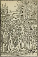 An illustration from Biblia pauperum, conteynynge thirty and eight wodecuttes illustrating the liif, parablis, and miraclis offe oure blessid Lord & Saviour Jhesus Crist, with the proper descrypciouns therof extracted fro the originall texte offe Iohn Wiclif.. (1885)