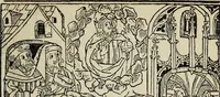 An illustration from Biblia pauperum, conteynynge thirty and eight wodecuttes illustrating the liif, parablis, and miraclis offe oure blessid Lord & Saviour Jhesus Crist, with the proper descrypciouns therof extracted fro the originall texte offe Iohn Wiclif.. (1885)