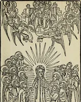 An illustration from Biblia pauperum, conteynynge thirty and eight wodecuttes illustrating the liif, parablis, and miraclis offe oure blessid Lord & Saviour Jhesus Crist, with the proper descrypciouns therof extracted fro the originall texte offe Iohn Wiclif.. (1885)