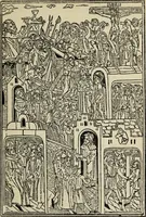 An illustration from Biblia pauperum, conteynynge thirty and eight wodecuttes illustrating the liif, parablis, and miraclis offe oure blessid Lord & Saviour Jhesus Crist, with the proper descrypciouns therof extracted fro the originall texte offe Iohn Wiclif.. (1885)