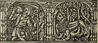 An illustration from Biblia pauperum, conteynynge thirty and eight wodecuttes illustrating the liif, parablis, and miraclis offe oure blessid Lord & Saviour Jhesus Crist, with the proper descrypciouns therof extracted fro the originall texte offe Iohn Wiclif.. (1885)