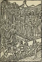 An illustration from Biblia pauperum, conteynynge thirty and eight wodecuttes illustrating the liif, parablis, and miraclis offe oure blessid Lord & Saviour Jhesus Crist, with the proper descrypciouns therof extracted fro the originall texte offe Iohn Wiclif.. (1885)