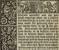 Picture 33 of 179 from Biblia pauperum, conteynynge thirty and eight wodecuttes illustrating the liif, parablis, and miraclis offe oure blessid Lord & Saviour Jhesus Crist, with the proper descrypciouns therof extracted fro the originall texte offe Iohn Wiclif.. (1885), leaf 37