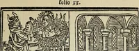 An illustration from Biblia pauperum, conteynynge thirty and eight wodecuttes illustrating the liif, parablis, and miraclis offe oure blessid Lord & Saviour Jhesus Crist, with the proper descrypciouns therof extracted fro the originall texte offe Iohn Wiclif.. (1885)