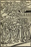An illustration from Biblia pauperum, conteynynge thirty and eight wodecuttes illustrating the liif, parablis, and miraclis offe oure blessid Lord & Saviour Jhesus Crist, with the proper descrypciouns therof extracted fro the originall texte offe Iohn Wiclif.. (1885)