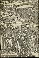 An illustration from Biblia pauperum, conteynynge thirty and eight wodecuttes illustrating the liif, parablis, and miraclis offe oure blessid Lord & Saviour Jhesus Crist, with the proper descrypciouns therof extracted fro the originall texte offe Iohn Wiclif.. (1885)