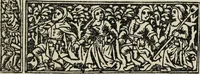 An illustration from Biblia pauperum, conteynynge thirty and eight wodecuttes illustrating the liif, parablis, and miraclis offe oure blessid Lord & Saviour Jhesus Crist, with the proper descrypciouns therof extracted fro the originall texte offe Iohn Wiclif.. (1885)
