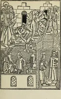 An illustration from Biblia pauperum, conteynynge thirty and eight wodecuttes illustrating the liif, parablis, and miraclis offe oure blessid Lord & Saviour Jhesus Crist, with the proper descrypciouns therof extracted fro the originall texte offe Iohn Wiclif.. (1885)