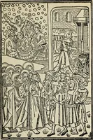 An illustration from Biblia pauperum, conteynynge thirty and eight wodecuttes illustrating the liif, parablis, and miraclis offe oure blessid Lord & Saviour Jhesus Crist, with the proper descrypciouns therof extracted fro the originall texte offe Iohn Wiclif.. (1885)