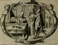 An illustration from Biblische Emblemata und Figuren : welche in den zweyen verneurten Stuben desz Hospitals zum heiligen Geist in Nürmberg allen Krancken zu sondern Trost anstatt der Schrifft sind vorgemalet worden. In Küpffer gestochen durch : Johanni Pfann .. (1626)