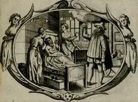 An illustration from Biblische Emblemata und Figuren : welche in den zweyen verneurten Stuben desz Hospitals zum heiligen Geist in Nürmberg allen Krancken zu sondern Trost anstatt der Schrifft sind vorgemalet worden. In Küpffer gestochen durch : Johanni Pfann .. (1626)