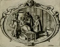 An illustration from Biblische Emblemata und Figuren : welche in den zweyen verneurten Stuben desz Hospitals zum heiligen Geist in Nürmberg allen Krancken zu sondern Trost anstatt der Schrifft sind vorgemalet worden. In Küpffer gestochen durch : Johanni Pfann .. (1626)