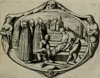 An illustration from Biblische Emblemata und Figuren : welche in den zweyen verneurten Stuben desz Hospitals zum heiligen Geist in Nürmberg allen Krancken zu sondern Trost anstatt der Schrifft sind vorgemalet worden. In Küpffer gestochen durch : Johanni Pfann .. (1626)