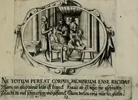 An illustration from Biblische Emblemata und Figuren : welche in den zweyen verneurten Stuben desz Hospitals zum heiligen Geist in Nürmberg allen Krancken zu sondern Trost anstatt der Schrifft sind vorgemalet worden. In Küpffer gestochen durch : Johanni Pfann .. (1626)
