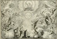An illustration from Biblisches Engel- u[nd] Kunst Werck : alles das jenige, was in heiliger göttlicher Schrifft Altes und Neuen Testaments von den heiligen Engeln Gottes dero erscheinungen tersichtungen bottschaffte[n] u[nd] gesandschaffte[n], auf mancherley Art und Weise auss Göttlicher Verordnung zu finden ist ... : in zierlichen Kupffern, mit beijgefügten Teutschen Erklärungs und Andachts- Reimen vorstellend : mit Fleiss zusammen getragen, in Kupfer gestochen und verlegt (1694)