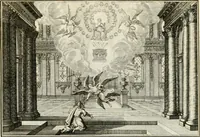 An illustration from Biblisches Engel- u[nd] Kunst Werck : alles das jenige, was in heiliger göttlicher Schrifft Altes und Neuen Testaments von den heiligen Engeln Gottes dero erscheinungen tersichtungen bottschaffte[n] u[nd] gesandschaffte[n], auf mancherley Art und Weise auss Göttlicher Verordnung zu finden ist ... : in zierlichen Kupffern, mit beijgefügten Teutschen Erklärungs und Andachts- Reimen vorstellend : mit Fleiss zusammen getragen, in Kupfer gestochen und verlegt (1694)