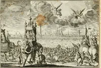 An illustration from Biblisches Engel- u[nd] Kunst Werck : alles das jenige, was in heiliger göttlicher Schrifft Altes und Neuen Testaments von den heiligen Engeln Gottes dero erscheinungen tersichtungen bottschaffte[n] u[nd] gesandschaffte[n], auf mancherley Art und Weise auss Göttlicher Verordnung zu finden ist ... : in zierlichen Kupffern, mit beijgefügten Teutschen Erklärungs und Andachts- Reimen vorstellend : mit Fleiss zusammen getragen, in Kupfer gestochen und verlegt (1694)