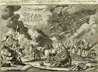 An illustration from Biblisches Engel- u[nd] Kunst Werck : alles das jenige, was in heiliger göttlicher Schrifft Altes und Neuen Testaments von den heiligen Engeln Gottes dero erscheinungen tersichtungen bottschaffte[n] u[nd] gesandschaffte[n], auf mancherley Art und Weise auss Göttlicher Verordnung zu finden ist ... : in zierlichen Kupffern, mit beijgefügten Teutschen Erklärungs und Andachts- Reimen vorstellend : mit Fleiss zusammen getragen, in Kupfer gestochen und verlegt (1694)