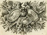 An illustration from Biblisches Engel- u[nd] Kunst Werck : alles das jenige, was in heiliger göttlicher Schrifft Altes und Neuen Testaments von den heiligen Engeln Gottes dero erscheinungen tersichtungen bottschaffte[n] u[nd] gesandschaffte[n], auf mancherley Art und Weise auss Göttlicher Verordnung zu finden ist ... : in zierlichen Kupffern, mit beijgefügten Teutschen Erklärungs und Andachts- Reimen vorstellend : mit Fleiss zusammen getragen, in Kupfer gestochen und verlegt (1694)
