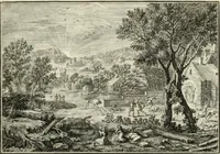 Picture 38 of 68 from Biblisches Engel- u[nd] Kunst Werck : alles das jenige, was in heiliger göttlicher Schrifft Altes und Neuen Testaments von den heiligen Engeln Gottes dero erscheinungen tersichtungen bottschaffte[n] u[nd] gesandschaffte[n], auf mancherley Art und Weise auss Göttlicher Verordnung zu finden ist ... : in zierlichen Kupffern, mit beijgefügten Teutschen Erklärungs und Andachts- Reimen vorstellend : mit Fleiss zusammen getragen, in Kupfer gestochen und verlegt (1694), leaf 54