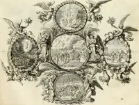 An illustration from Biblisches Engel- u[nd] Kunst Werck : alles das jenige, was in heiliger göttlicher Schrifft Altes und Neuen Testaments von den heiligen Engeln Gottes dero erscheinungen tersichtungen bottschaffte[n] u[nd] gesandschaffte[n], auf mancherley Art und Weise auss Göttlicher Verordnung zu finden ist ... : in zierlichen Kupffern, mit beijgefügten Teutschen Erklärungs und Andachts- Reimen vorstellend : mit Fleiss zusammen getragen, in Kupfer gestochen und verlegt (1694)