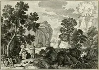 An illustration from Biblisches Engel- u[nd] Kunst Werck : alles das jenige, was in heiliger göttlicher Schrifft Altes und Neuen Testaments von den heiligen Engeln Gottes dero erscheinungen tersichtungen bottschaffte[n] u[nd] gesandschaffte[n], auf mancherley Art und Weise auss Göttlicher Verordnung zu finden ist ... : in zierlichen Kupffern, mit beijgefügten Teutschen Erklärungs und Andachts- Reimen vorstellend : mit Fleiss zusammen getragen, in Kupfer gestochen und verlegt (1694)