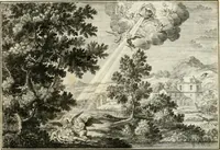 An illustration from Biblisches Engel- u[nd] Kunst Werck : alles das jenige, was in heiliger göttlicher Schrifft Altes und Neuen Testaments von den heiligen Engeln Gottes dero erscheinungen tersichtungen bottschaffte[n] u[nd] gesandschaffte[n], auf mancherley Art und Weise auss Göttlicher Verordnung zu finden ist ... : in zierlichen Kupffern, mit beijgefügten Teutschen Erklärungs und Andachts- Reimen vorstellend : mit Fleiss zusammen getragen, in Kupfer gestochen und verlegt (1694)