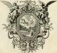 An illustration from Biblisches Engel- u[nd] Kunst Werck : alles das jenige, was in heiliger göttlicher Schrifft Altes und Neuen Testaments von den heiligen Engeln Gottes dero erscheinungen tersichtungen bottschaffte[n] u[nd] gesandschaffte[n], auf mancherley Art und Weise auss Göttlicher Verordnung zu finden ist ... : in zierlichen Kupffern, mit beijgefügten Teutschen Erklärungs und Andachts- Reimen vorstellend : mit Fleiss zusammen getragen, in Kupfer gestochen und verlegt (1694)