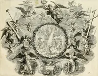 An illustration from Biblisches Engel- u[nd] Kunst Werck : alles das jenige, was in heiliger göttlicher Schrifft Altes und Neuen Testaments von den heiligen Engeln Gottes dero erscheinungen tersichtungen bottschaffte[n] u[nd] gesandschaffte[n], auf mancherley Art und Weise auss Göttlicher Verordnung zu finden ist ... : in zierlichen Kupffern, mit beijgefügten Teutschen Erklärungs und Andachts- Reimen vorstellend : mit Fleiss zusammen getragen, in Kupfer gestochen und verlegt (1694)