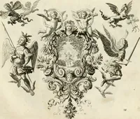 An illustration from Biblisches Engel- u[nd] Kunst Werck : alles das jenige, was in heiliger göttlicher Schrifft Altes und Neuen Testaments von den heiligen Engeln Gottes dero erscheinungen tersichtungen bottschaffte[n] u[nd] gesandschaffte[n], auf mancherley Art und Weise auss Göttlicher Verordnung zu finden ist ... : in zierlichen Kupffern, mit beijgefügten Teutschen Erklärungs und Andachts- Reimen vorstellend : mit Fleiss zusammen getragen, in Kupfer gestochen und verlegt (1694)