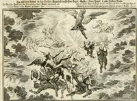 An illustration from Biblisches Engel- u[nd] Kunst Werck : alles das jenige, was in heiliger göttlicher Schrifft Altes und Neuen Testaments von den heiligen Engeln Gottes dero erscheinungen tersichtungen bottschaffte[n] u[nd] gesandschaffte[n], auf mancherley Art und Weise auss Göttlicher Verordnung zu finden ist ... : in zierlichen Kupffern, mit beijgefügten Teutschen Erklärungs und Andachts- Reimen vorstellend : mit Fleiss zusammen getragen, in Kupfer gestochen und verlegt (1694)