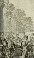 An illustration from Biblisches Engel- u. Kunst Werck : alles das jenige, was in heiliger göttlicher Schrifft Altes und Neuen Testaments von den heiligen Engels Gottes ... zu finden ist ... in zierlichen Kupffern, mit beygefüngten teutschen Erklärungs und Andachs-Reimen vorstellend (1705)
