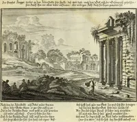 An illustration from Biblisches Engel- u. Kunst Werck : alles das jenige, was in heiliger göttlicher Schrifft Altes und Neuen Testaments von den heiligen Engels Gottes ... zu finden ist ... in zierlichen Kupffern, mit beygefüngten teutschen Erklärungs und Andachs-Reimen vorstellend (1705)