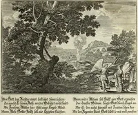 An illustration from Biblisches Engel- u. Kunst Werck : alles das jenige, was in heiliger göttlicher Schrifft Altes und Neuen Testaments von den heiligen Engels Gottes ... zu finden ist ... in zierlichen Kupffern, mit beygefüngten teutschen Erklärungs und Andachs-Reimen vorstellend (1705)
