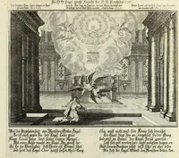 An illustration from Biblisches Engel- u. Kunst Werck : alles das jenige, was in heiliger göttlicher Schrifft Altes und Neuen Testaments von den heiligen Engels Gottes ... zu finden ist ... in zierlichen Kupffern, mit beygefüngten teutschen Erklärungs und Andachs-Reimen vorstellend (1705)