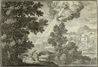 An illustration from Biblisches Engel- u. Kunst Werck : alles das jenige, was in heiliger göttlicher Schrifft Altes und Neuen Testaments von den heiligen Engels Gottes ... zu finden ist ... in zierlichen Kupffern, mit beygefüngten teutschen Erklärungs und Andachs-Reimen vorstellend (1705)