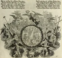 An illustration from Biblisches Engel- u. Kunst Werck : alles das jenige, was in heiliger göttlicher Schrifft Altes und Neuen Testaments von den heiligen Engels Gottes ... zu finden ist ... in zierlichen Kupffern, mit beygefüngten teutschen Erklärungs und Andachs-Reimen vorstellend (1705)